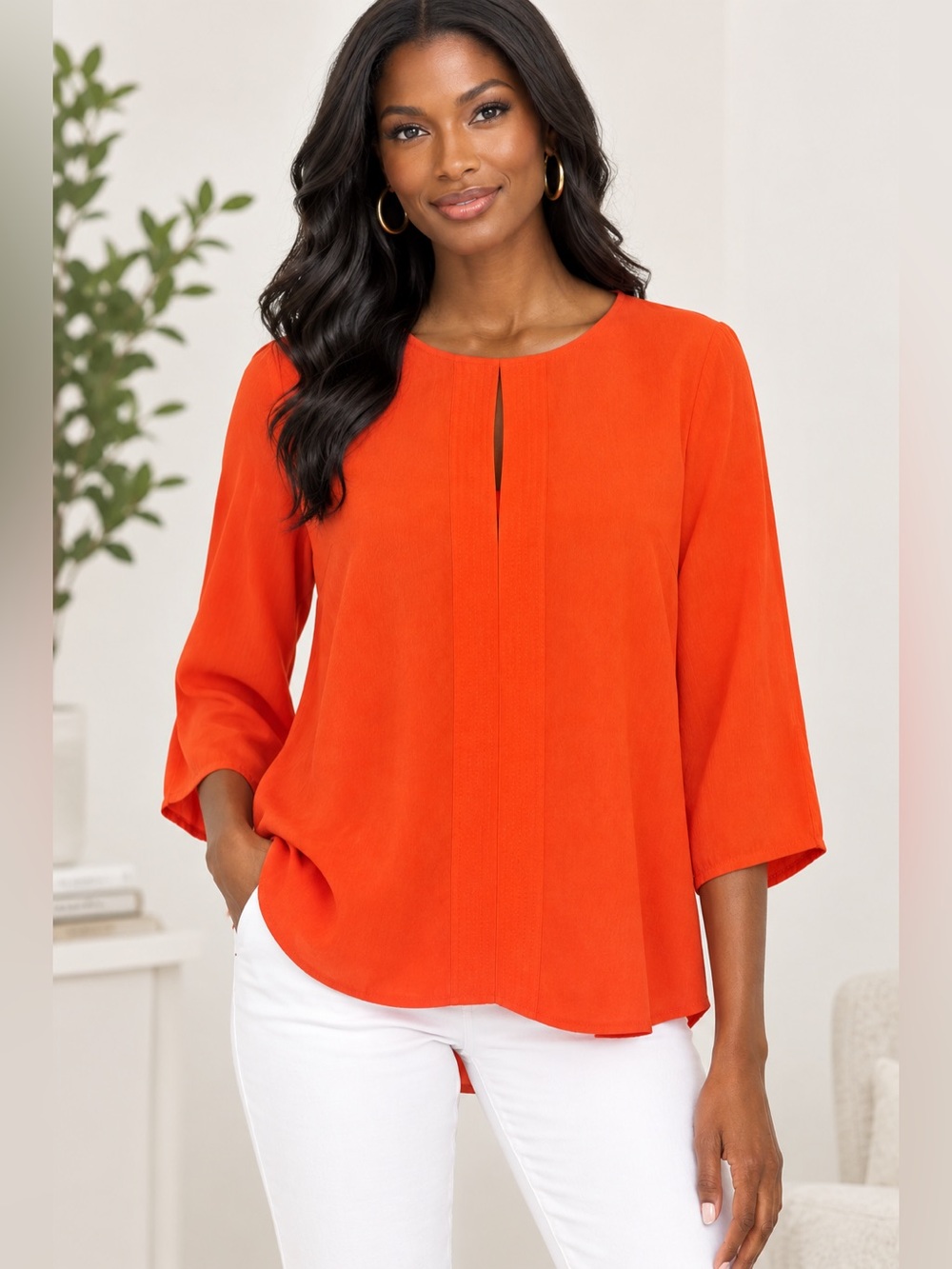Lauren Ralph Lauren Bright Orange Pleated-Front Blouse